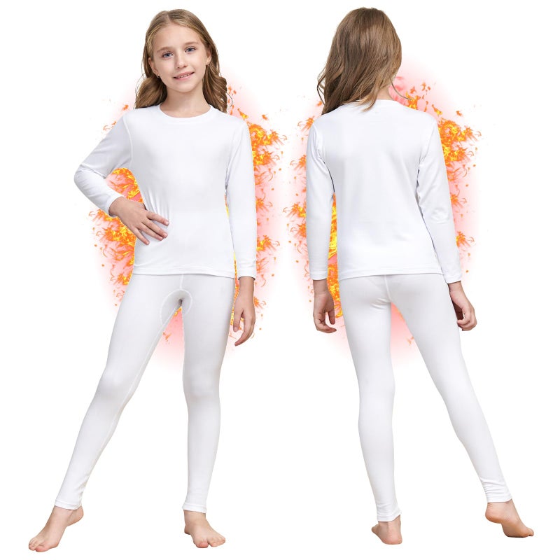 HEROBIKER Girls Thermal Underwear Set Ultra Soft Fleece Lined Kids Long Johns Top Bottom Thermals Kids Base Layer Winter Warm White X-Large - Image 1